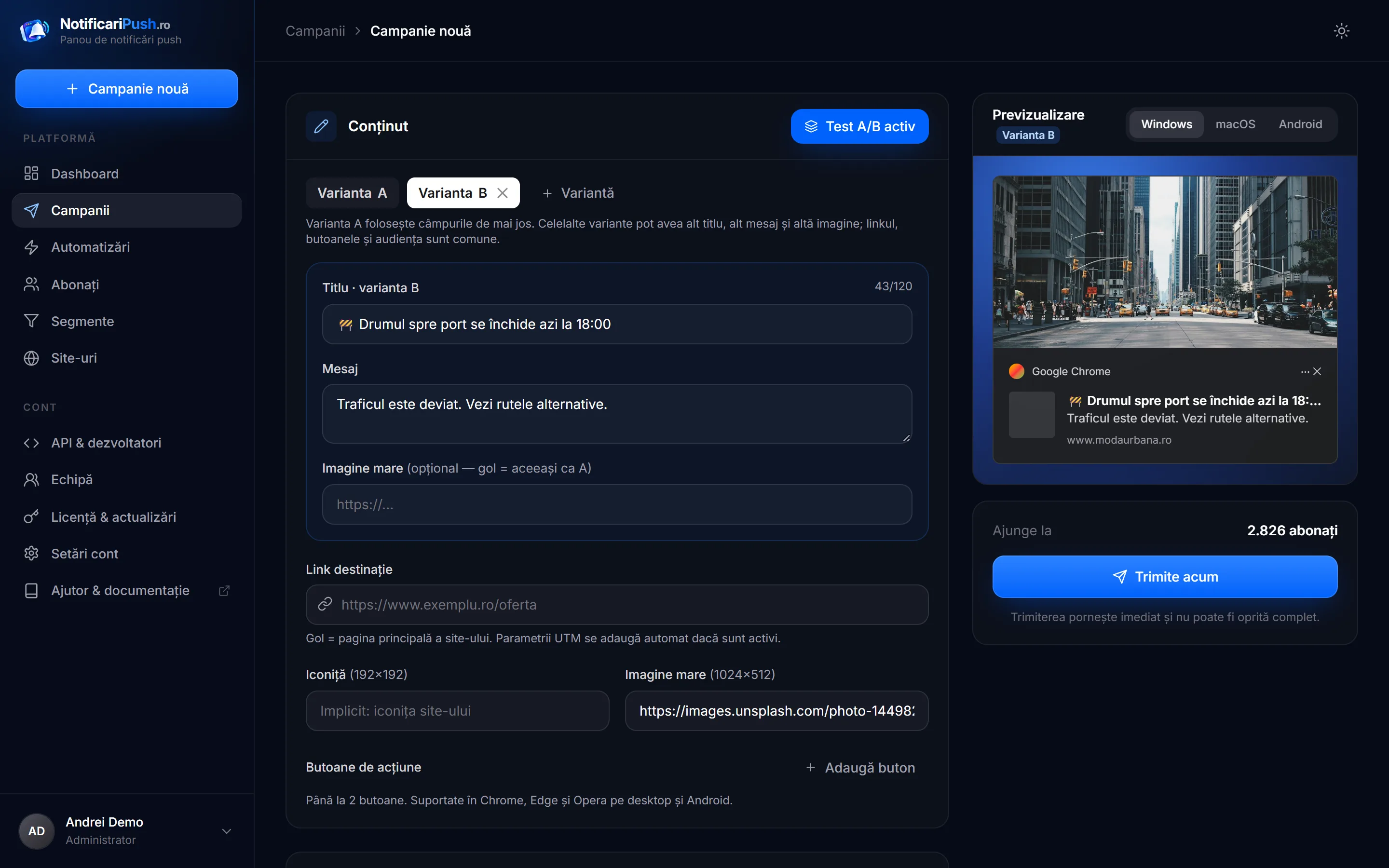 Compozitor & test A/B — NotificariPush.ro